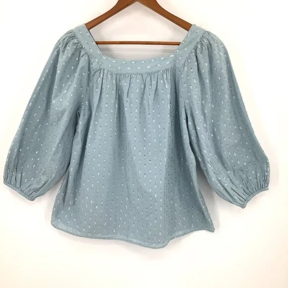Lauren Conrad Women's L Light Blue Silver Cotton Puff Sleeve Square Neck Top - Picture 3 of 5